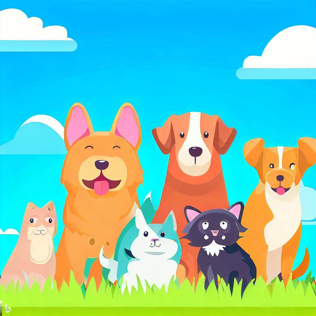 A group of pets sat in a field.